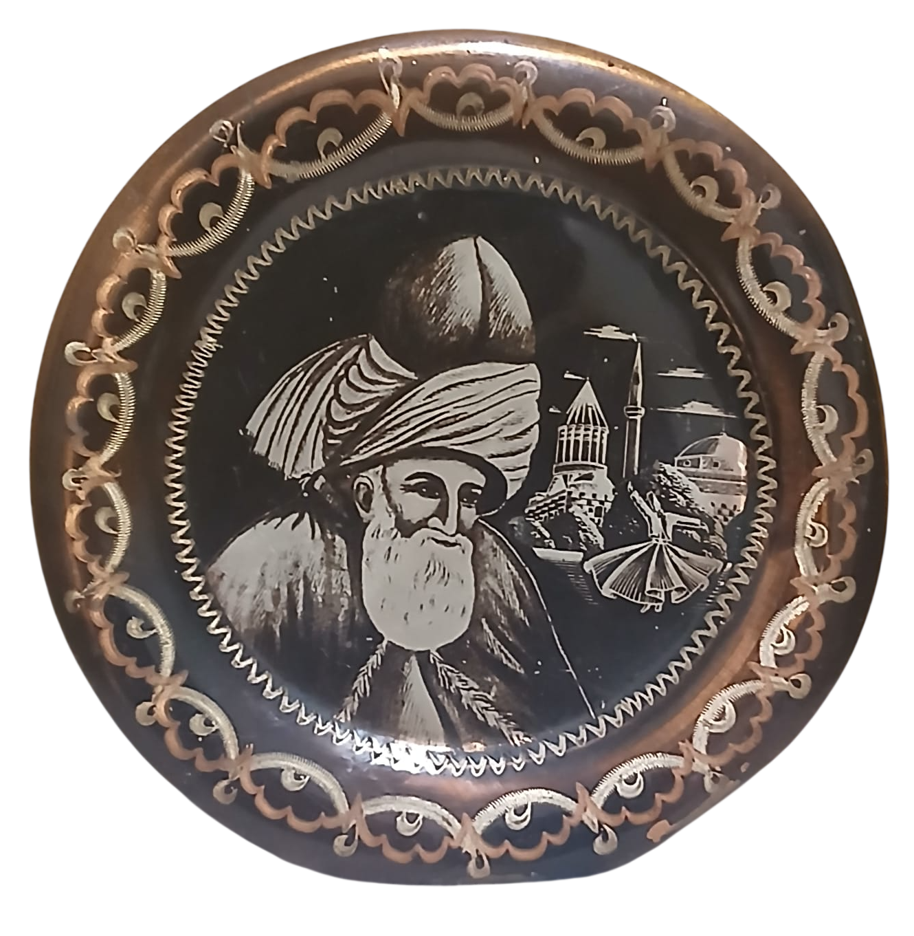 mevlana-Photoroom Antika Bakır İşlemeli Mevlana Duvar Tabağı - Görsel 1